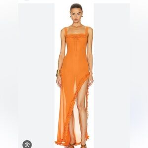 NWT helsa Sheer Ruffled Long Dress in Orange xs